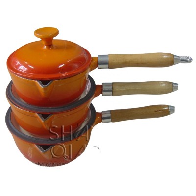 Professional Enamelled Cast Iron 3ply Sauce pot Set with Wooden Handle