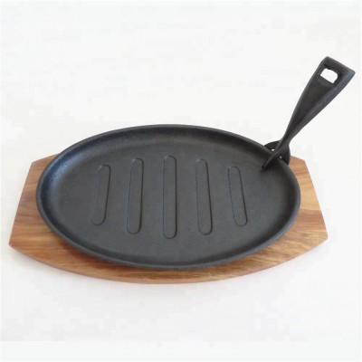 Oval Cast Iron Sizzling Plate with Wooden Base