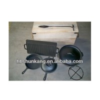 Cast Iron Camping Set / BBQ cookware With Wooden Box